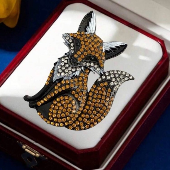 Fox Brooch Pin rhinestones bling jewelry vintage retro silver wildlife metal red - Picture 2 of 16